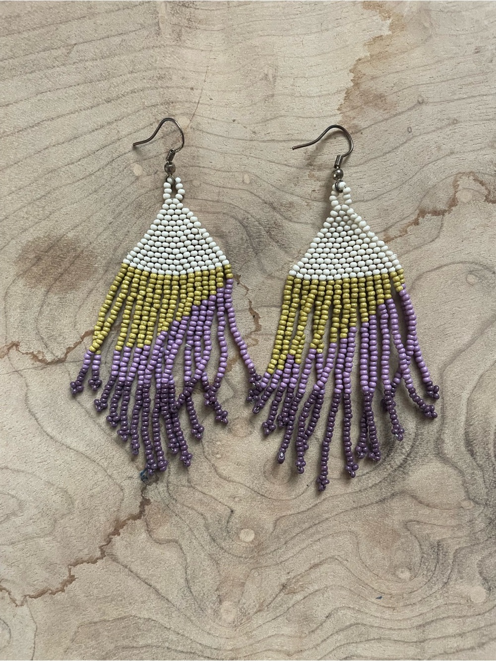 Handcrafted Seed Bead Earrings White, Yellow & Lavender Fringe